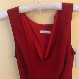 Red Sleeveless Midi Dress with Draped Scoop Neckline